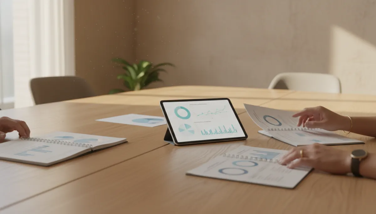 Professionals reviewing charts of recovered appointments and revenue on a tablet and printed reports