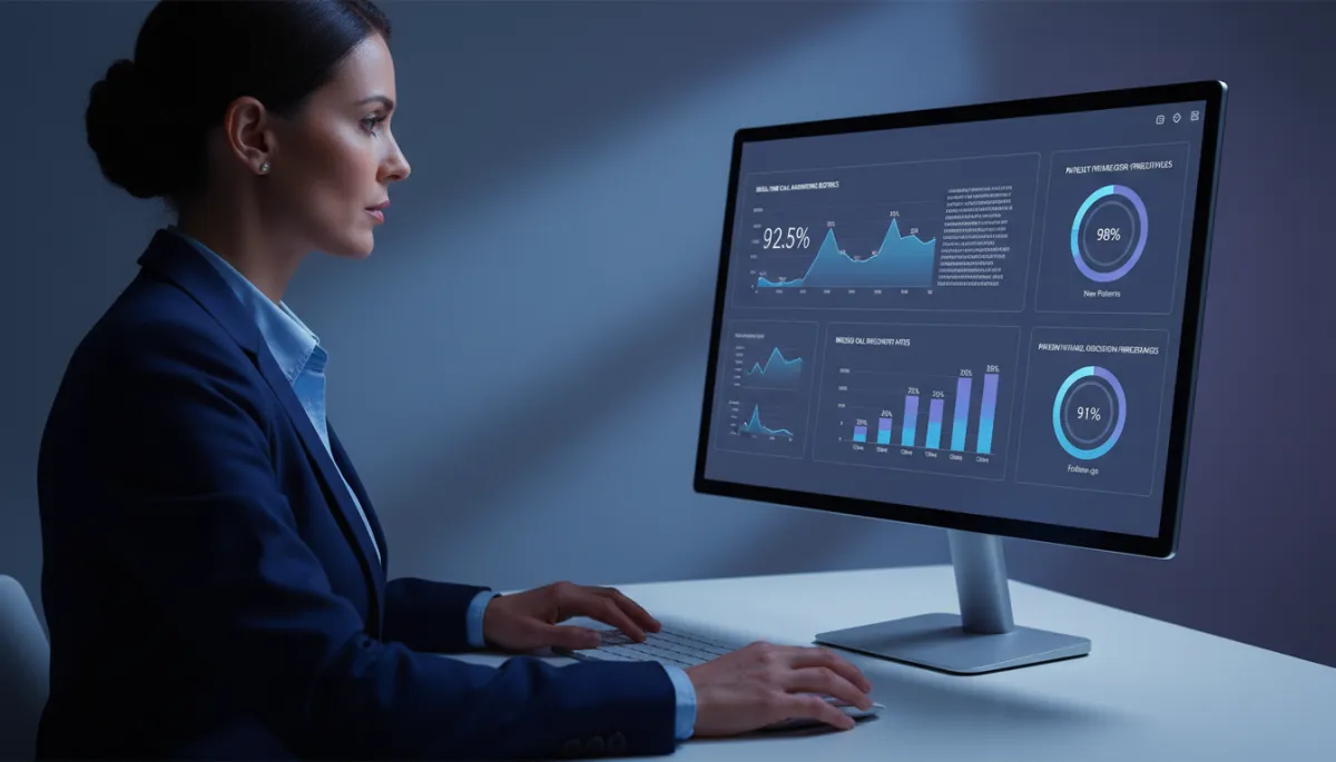 Operations manager reviewing AI receptionist performance metrics across multiple dental locations