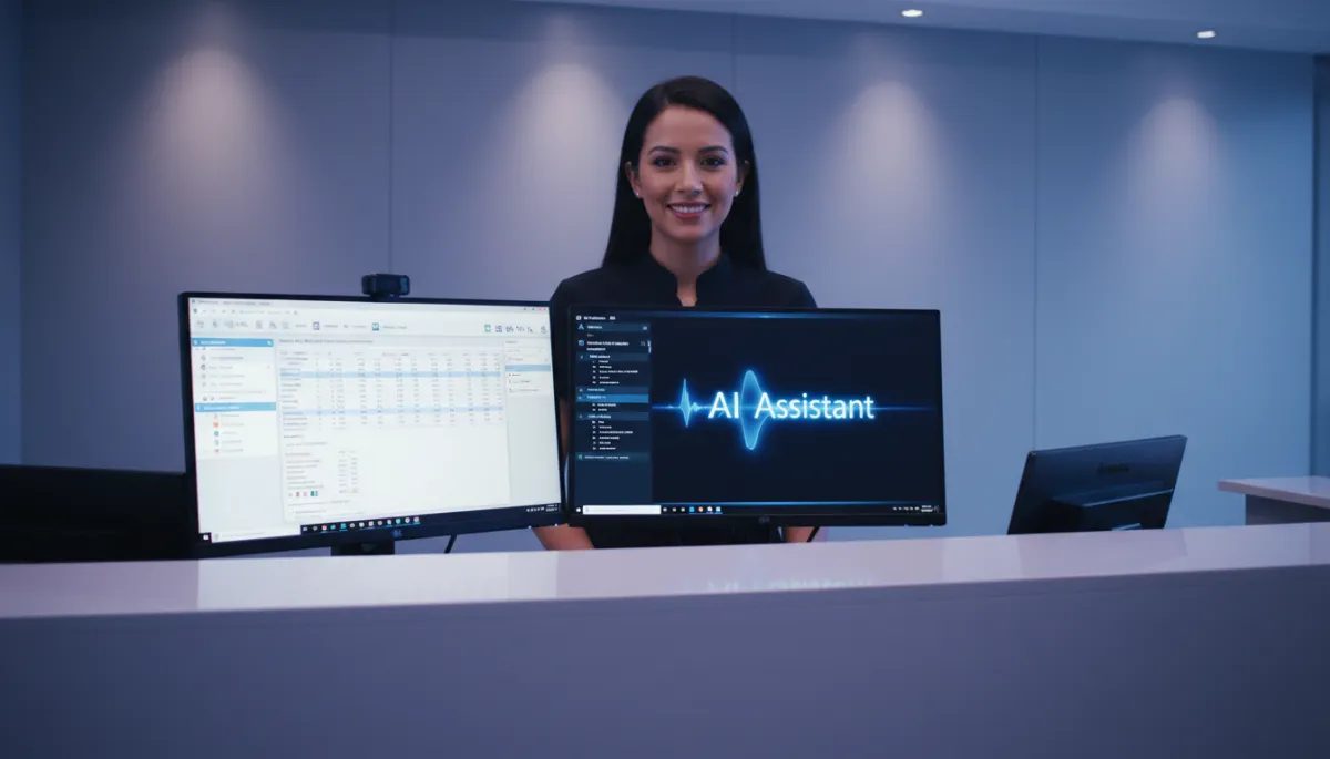 Dental receptionist working confidently with AI call assistant integrated into practice software Dental receptionist working confidently with AI call assistant integrated into practice software