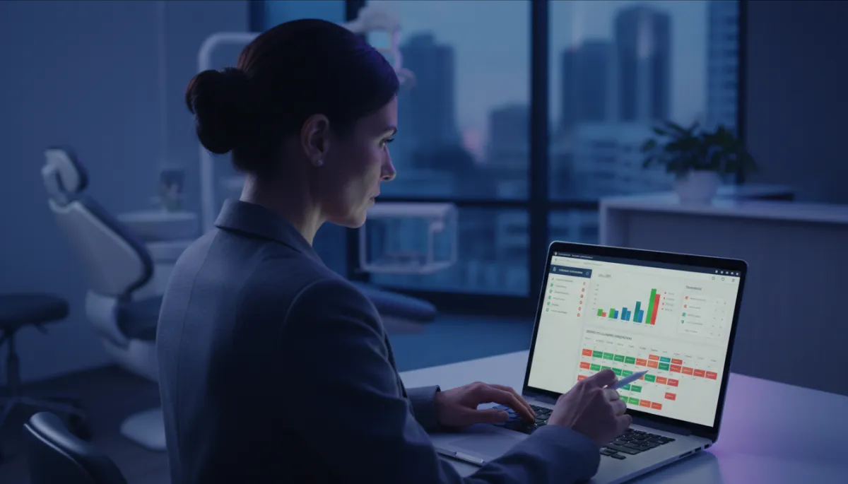 Dental office manager reviewing AI missed call recovery metrics on a laptop Dental office manager reviewing AI missed call recovery metrics on a laptop