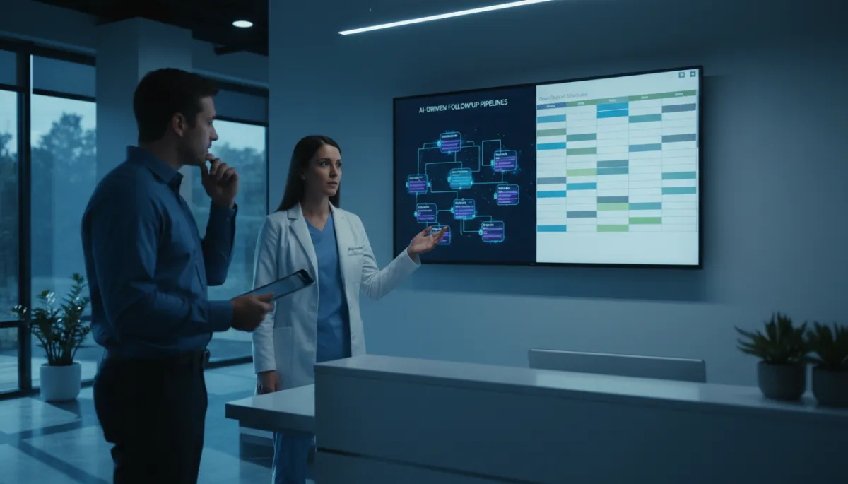 Dental team reviewing AI-driven follow-up pipelines integrated with practice management software Dental team reviewing AI-driven follow-up pipelines integrated with practice management software