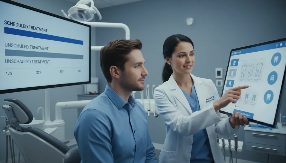 Treatment coordinator reviewing scheduled and unscheduled dental treatment with a patient