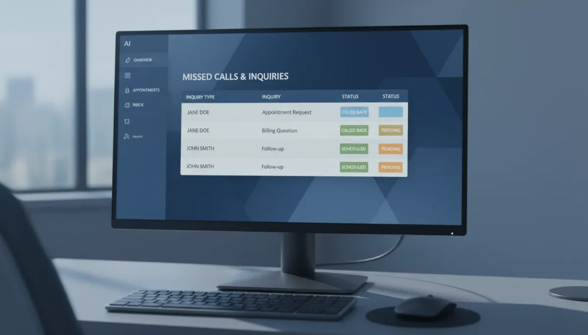 AI dashboard displaying missed calls and patient inquiries with recovery status