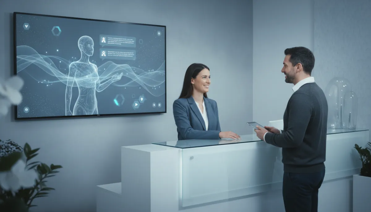 Dental receptionist engaging with a patient while AI manages digital communications