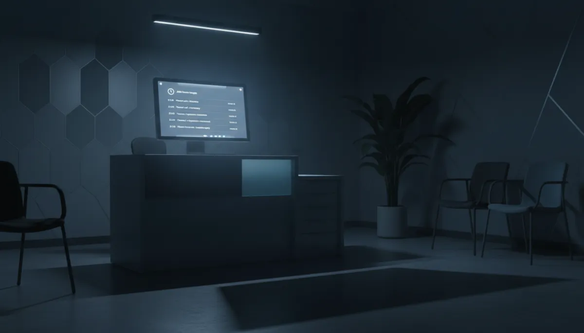 Dental reception desk at night with AI system handling after-hours patient inquiries