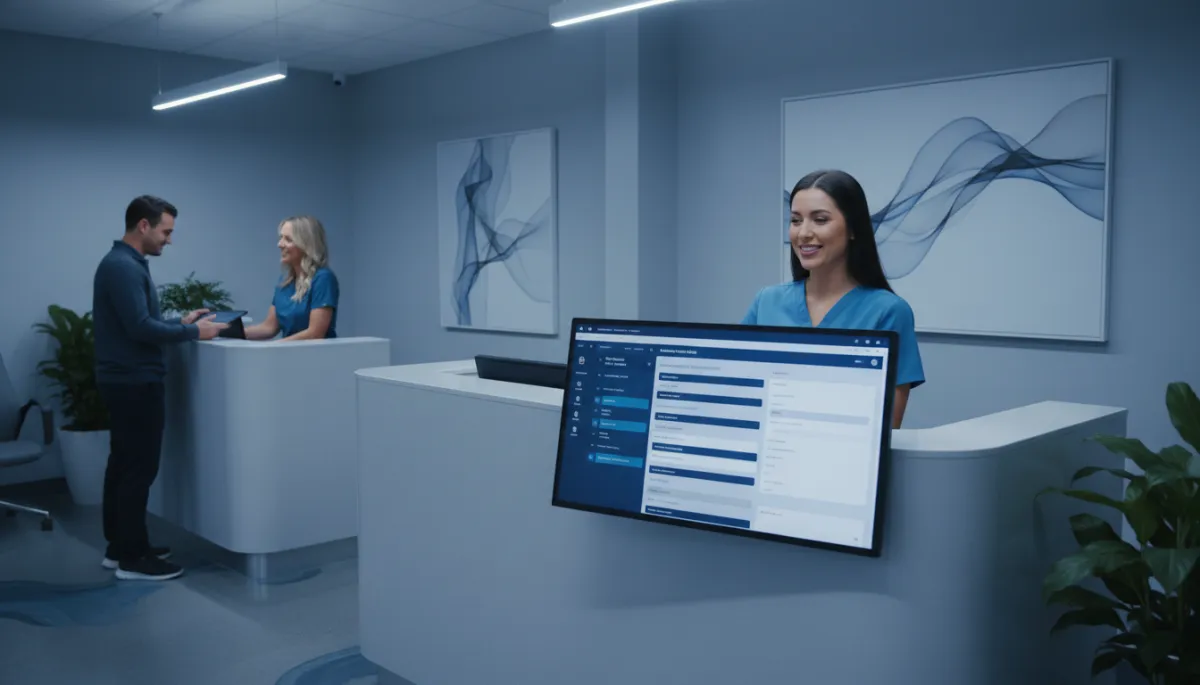 Dental front desk team member collaborating with AI-generated call notes to assist patients