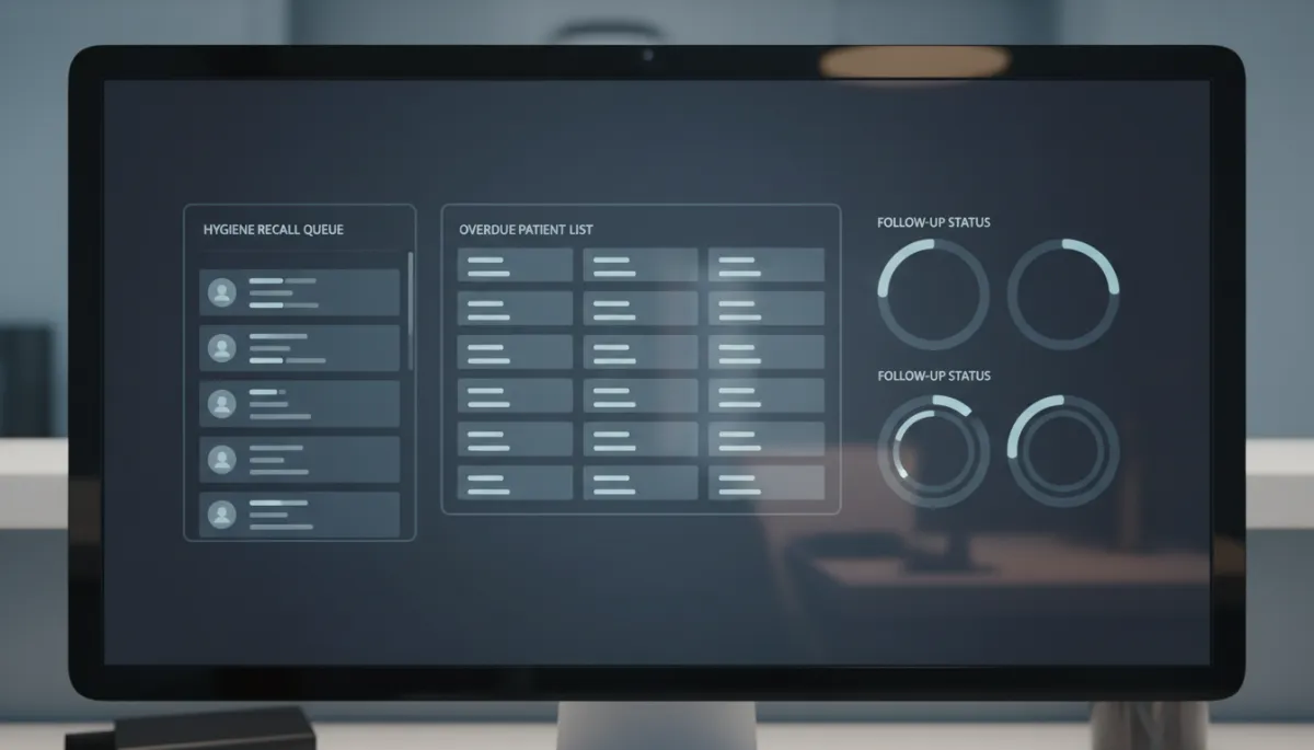 photorealistic close-up of a computer screen at a dental front desk showing a cool shadows themed dashboard with a hygiene recall queue, overdue patient list, and follow-up status indicators in blue-gray tones