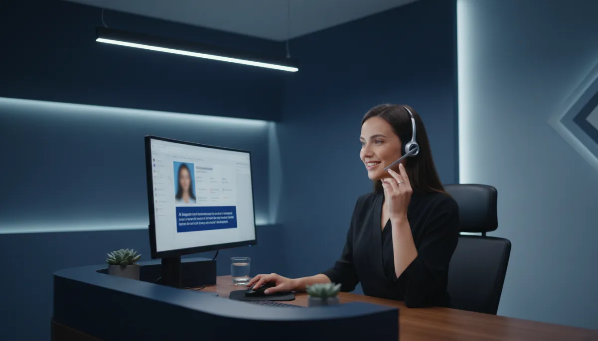 photorealistic scene of a dental receptionist in a cool shadows themed office speaking warmly on the phone while viewing a patient profile and AI-suggested follow-up script on the computer screen