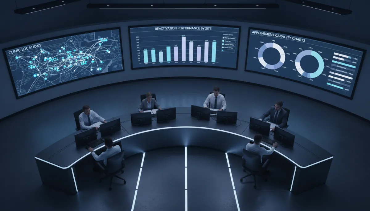 photorealistic overhead view of a multi-location dental operations team in a cool shadows themed control room, large wall screens displaying maps of clinic locations, reactivation performance by site, and appointment capacity charts