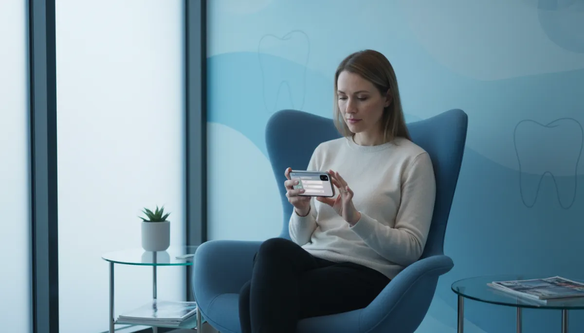 Dental patient completing intake forms on a smartphone in the waiting room