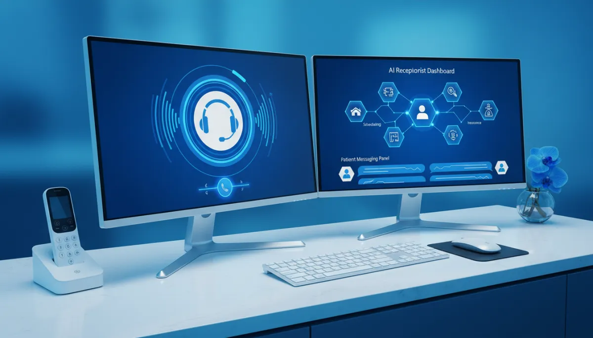 Dental front desk using AI receptionist dashboard alongside phone and messaging tools