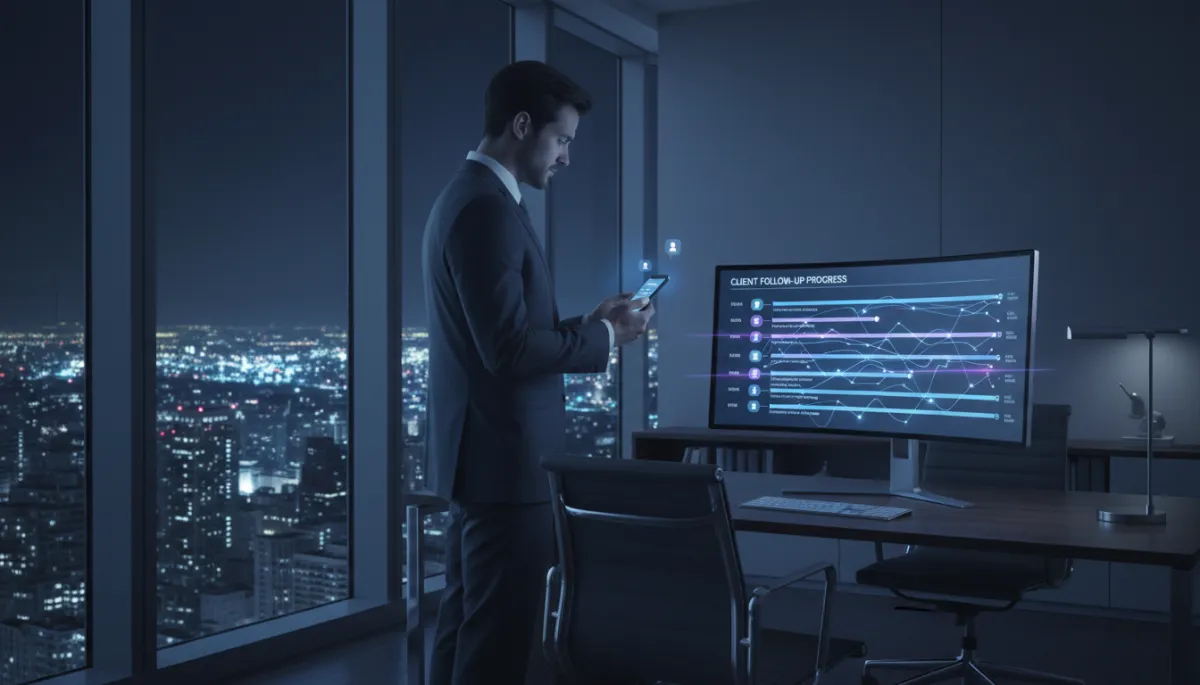 Attorney reviewing AI-driven client follow-up notifications and timelines