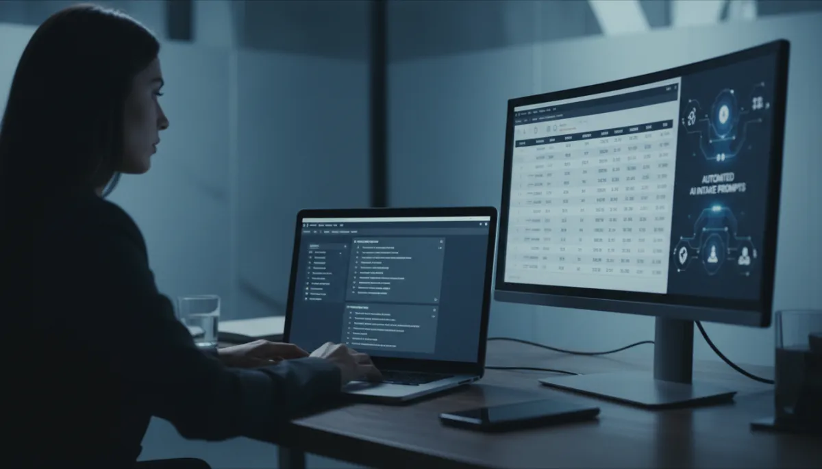 Paralegal reviewing AI-assisted intake data and pricing options Paralegal reviewing AI-assisted intake data and pricing options