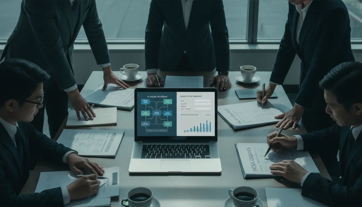 Attorneys reviewing pricing guidelines and AI intake workflows Attorneys reviewing pricing guidelines and AI intake workflows