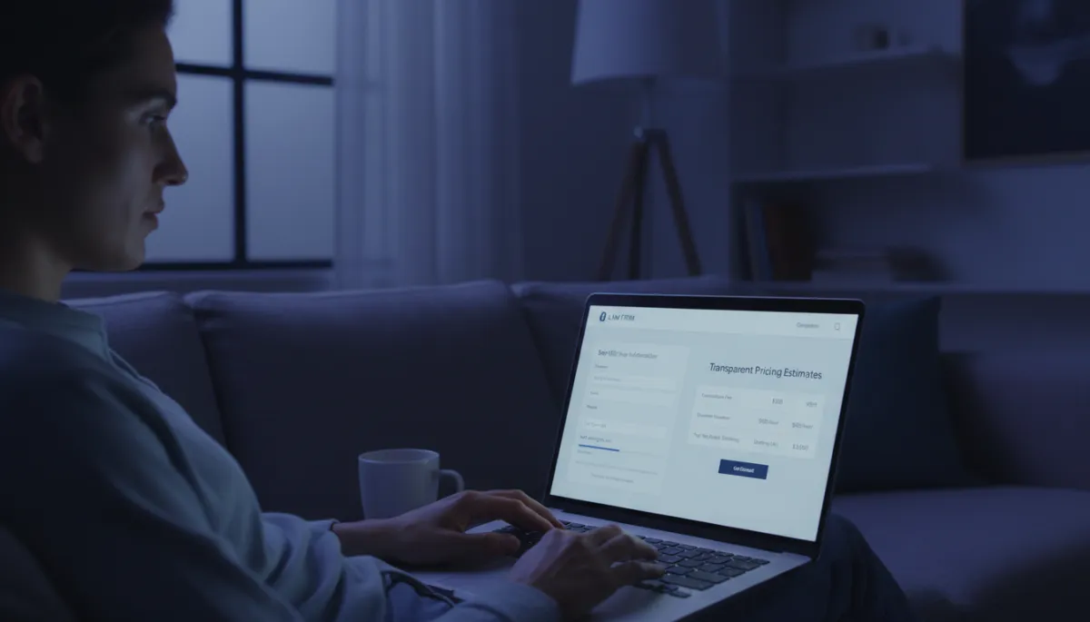 Client using online AI intake with transparent pricing at home Client using online AI intake with transparent pricing at home