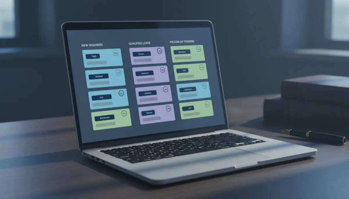 Laptop showing AI-powered legal lead management and qualification dashboard