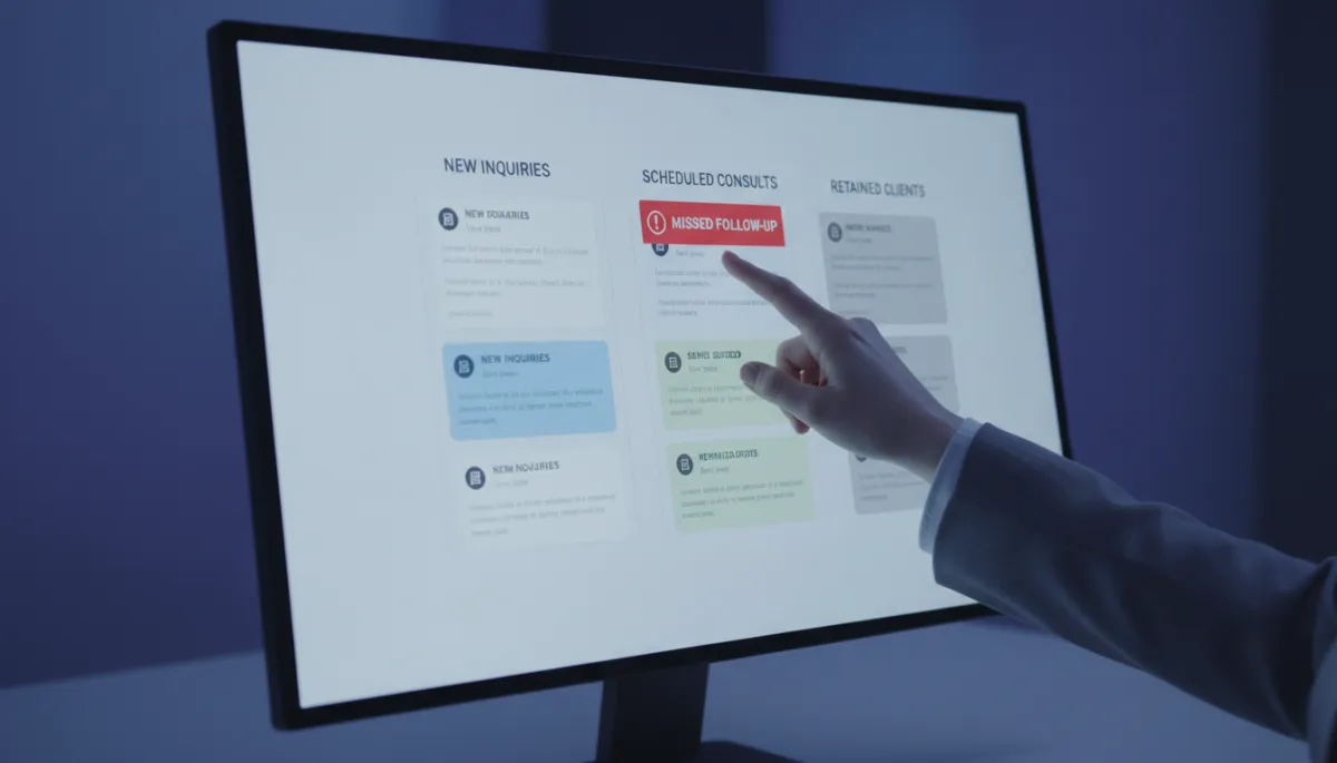 Unified intake pipeline dashboard showing law firm inquiries and follow-ups