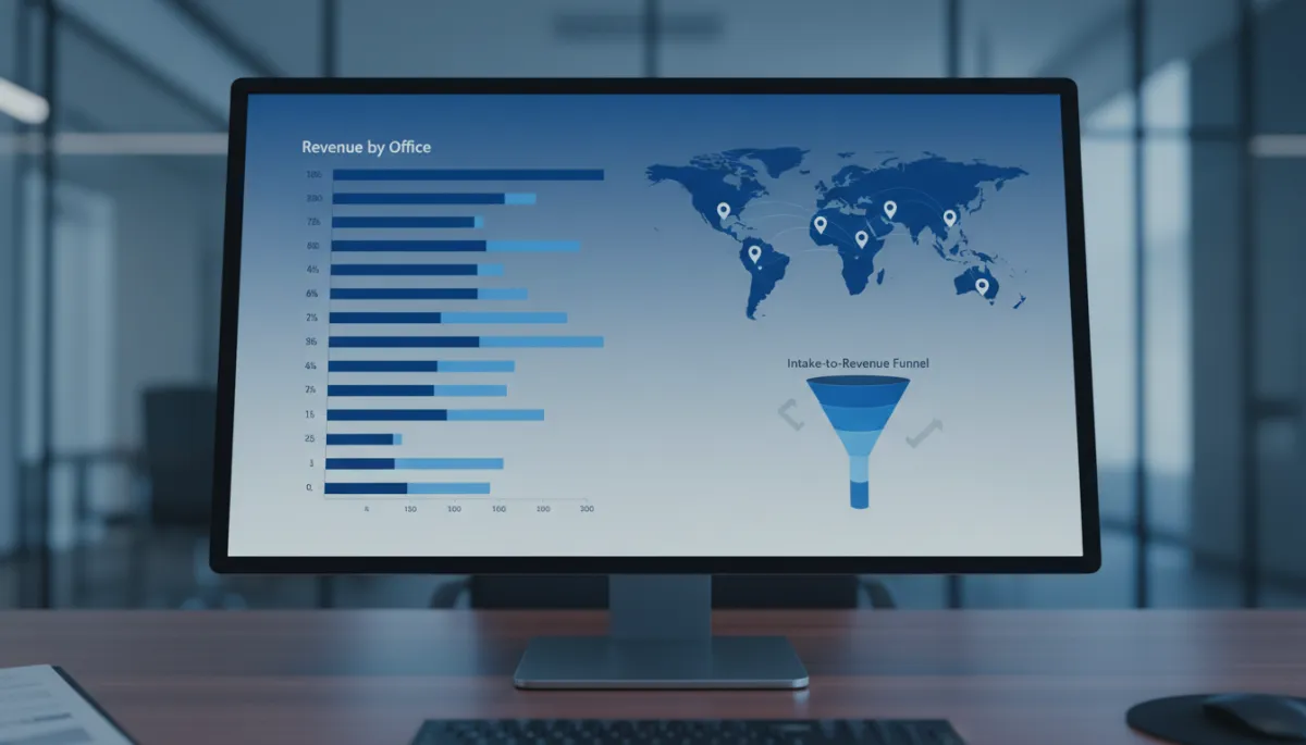Dashboard showing revenue by law firm office and intake funnel metrics Dashboard showing revenue by law firm office and intake funnel metrics