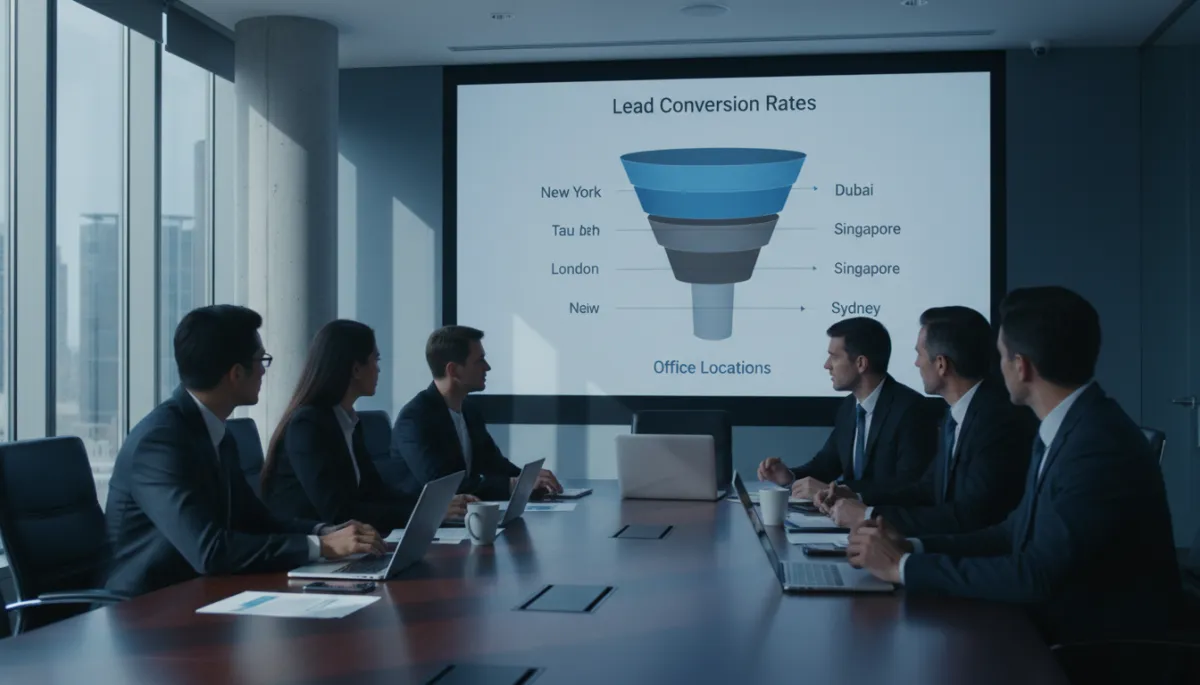 Law firm leadership reviewing lead conversion funnels by office Law firm leadership reviewing lead conversion funnels by office