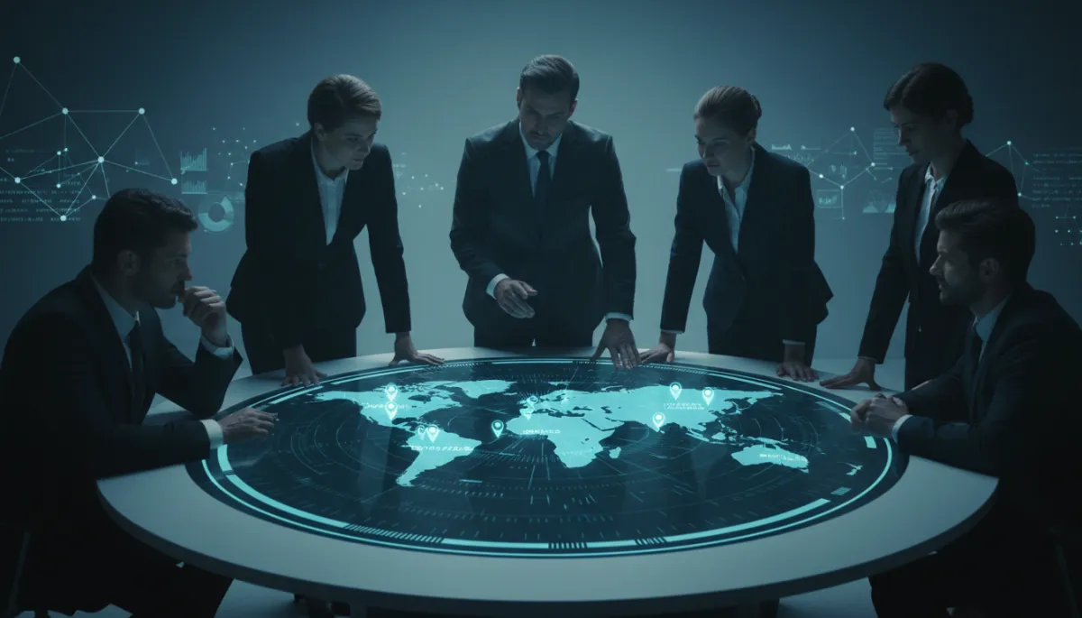 Leadership team reviewing office locations and revenue volumes on an interactive map