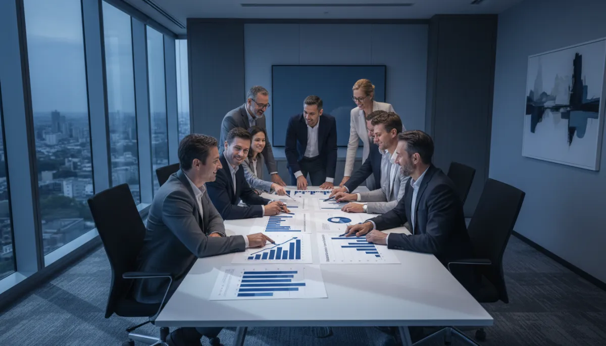 Office leaders discussing positive revenue trends by location in a boardroom