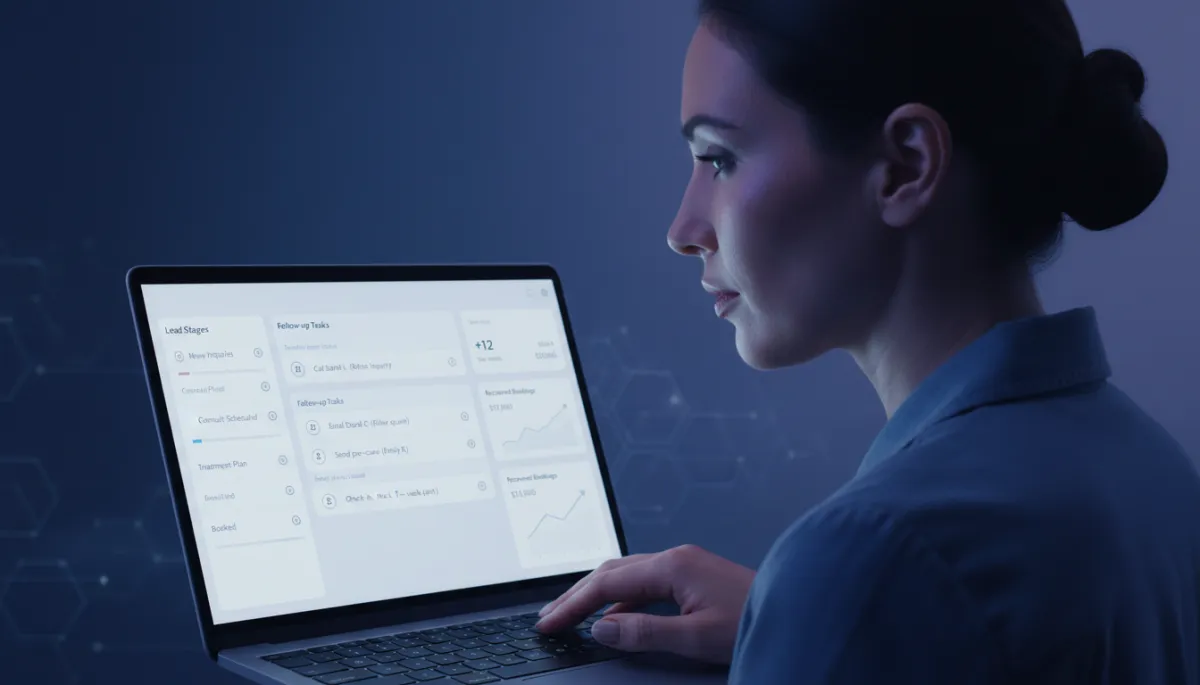 Med spa manager reviewing AI intake and follow-up performance dashboard