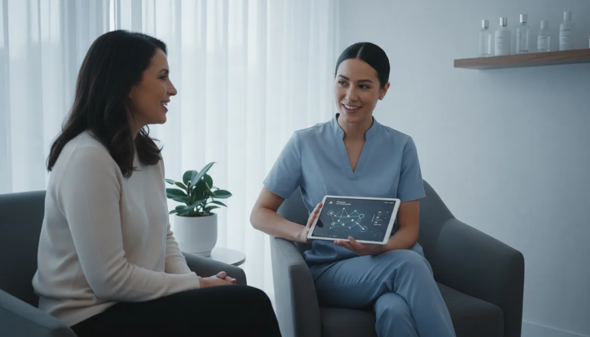 Front-desk coordinator using AI-assisted intake while engaging warmly with a client