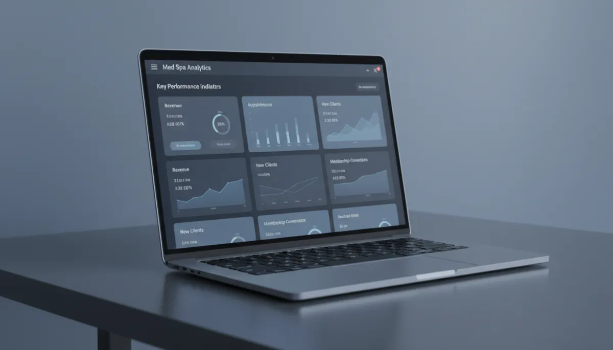 Laptop displaying per-location revenue and client journey analytics for a med spa network