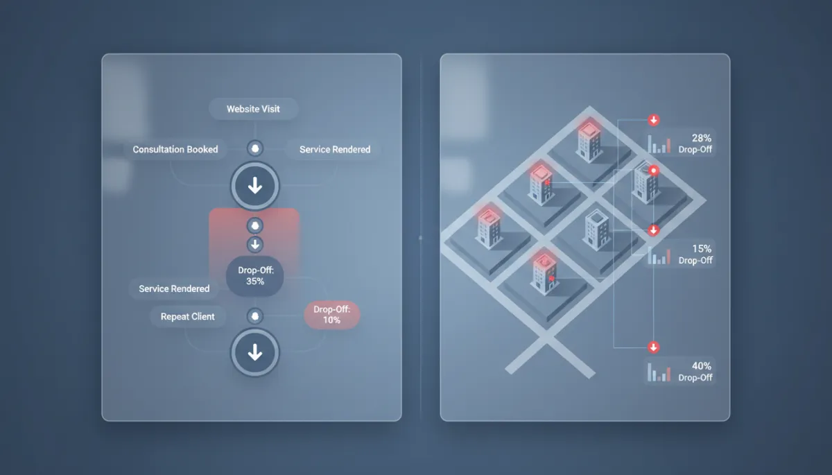 Dashboard visualizing client journey stages and drop-off points across med spa locations