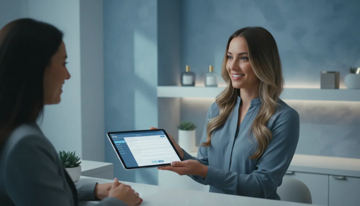 Med spa receptionist guiding a client through a standardized digital intake process