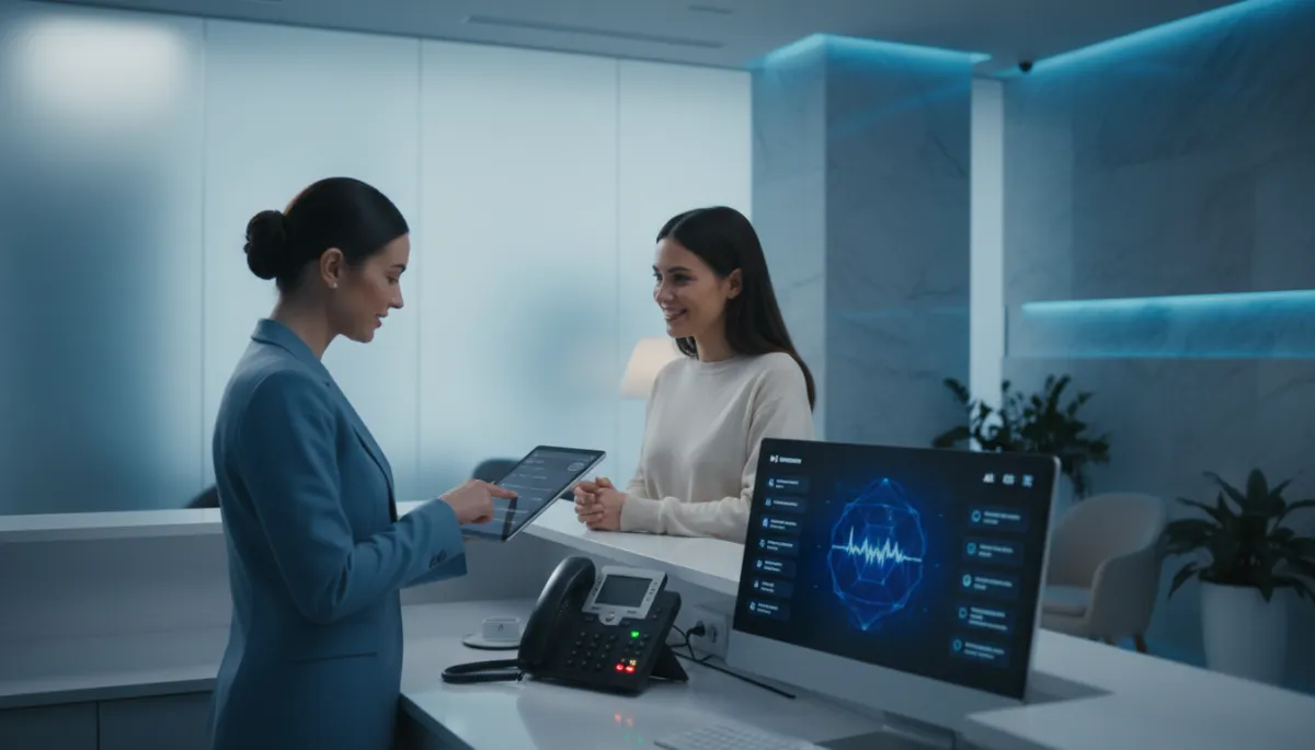 photorealistic cool shadows interior of a med spa reception during a busy hour, front desk coordinator assisting a client in person while multiple phone lines light up on the desk, a secondary monitor displays an AI reception interface logging and handling incoming calls