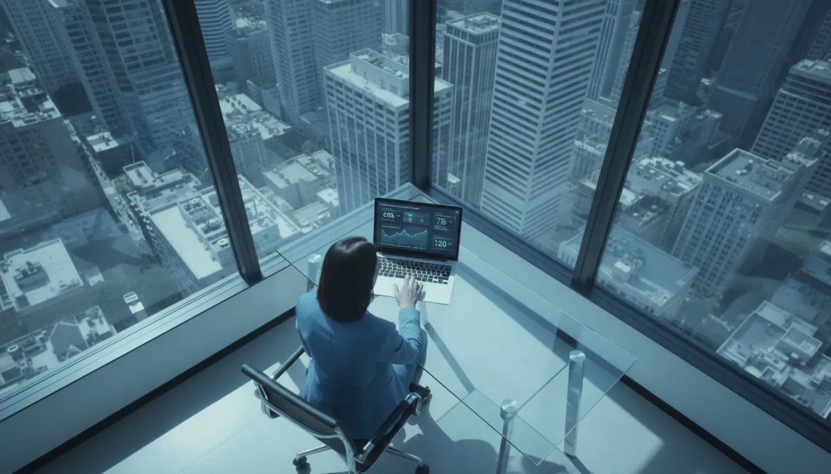 photorealistic cool shadows overhead view of a med spa manager in a glass-walled office reviewing an AI-powered dashboard on a laptop, charts showing missed call capture rates, follow-up outcomes, and appointment bookings, city skyline in blue-gray tones outside