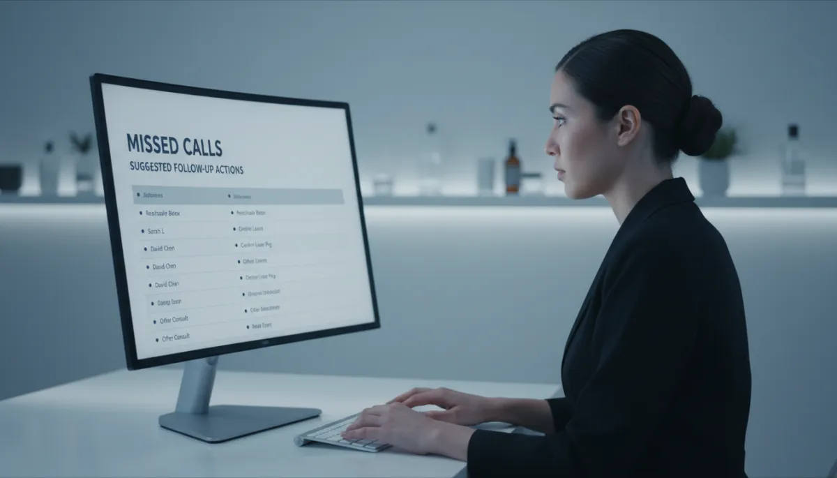 photorealistic cool shadows close-up of a med spa coordinator reviewing an AI-generated call log on a sleek monitor, detailed notes of missed calls and suggested follow-up actions visible, soft blue-gray ambient lighting