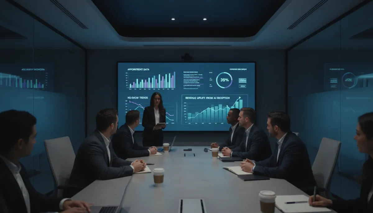 Med spa operations team reviewing large screen with appointment and revenue analytics Med spa operations team reviewing large screen with appointment and revenue analytics