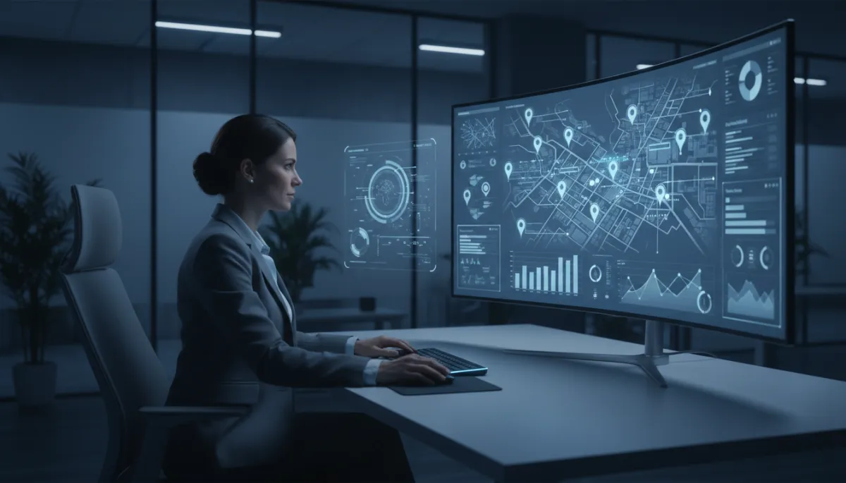 Photorealistic operations manager reviewing multi-location AI call metrics
