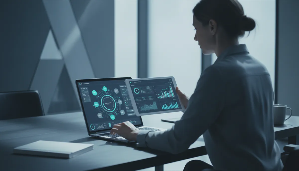 Photorealistic marketer aligning AI call analytics with ad performance data