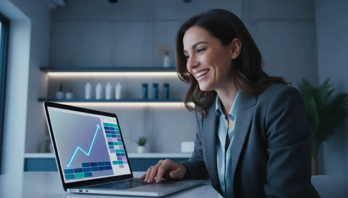 Med spa owner reviewing growing bookings and revenue on a laptop
