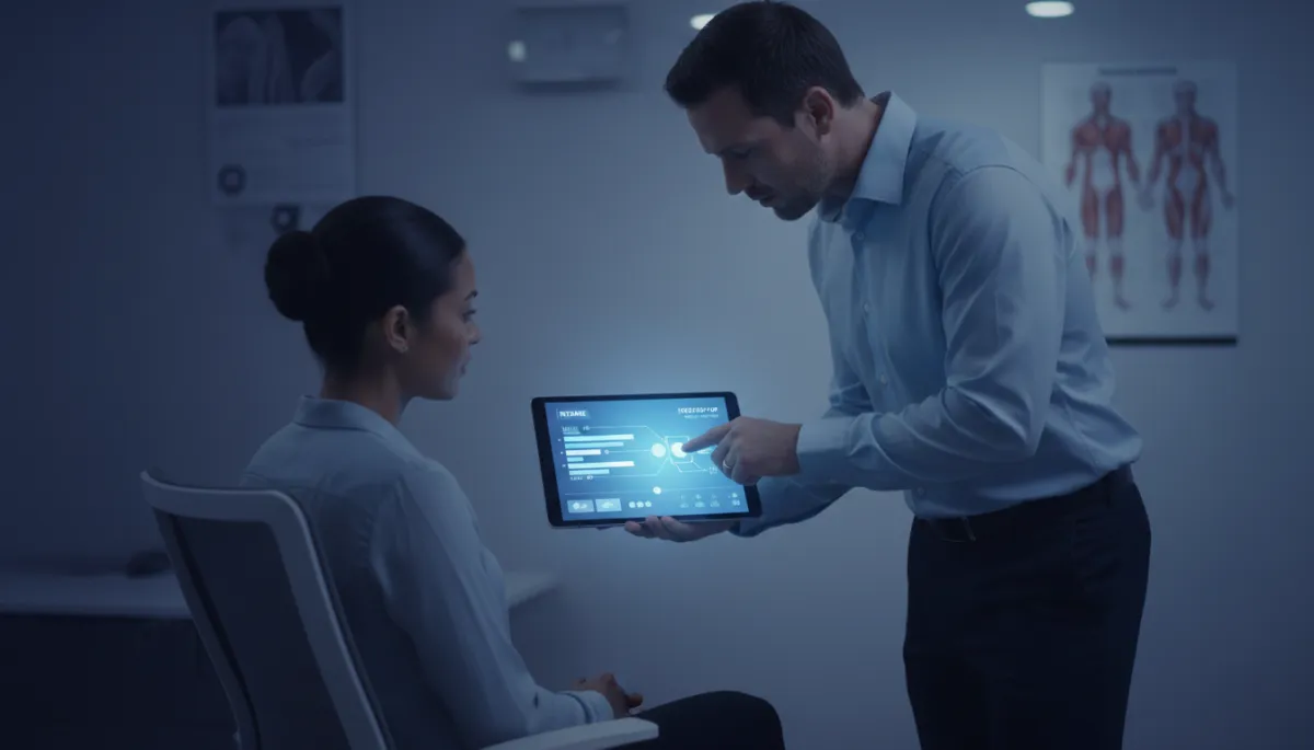Chiropractor reviewing connected intake and follow-up timeline with a patient
