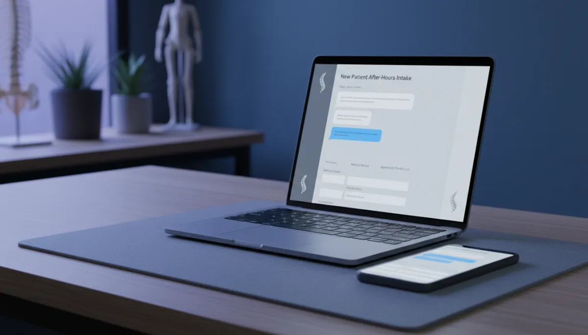 AI intake system capturing chiropractic leads on laptop and phone in cool shadow tones