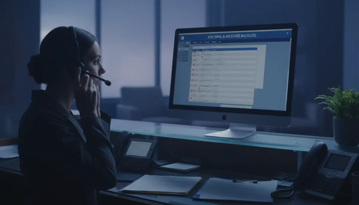 Front desk staff facing a backlog of after-hours patient messages in cool shadow tones