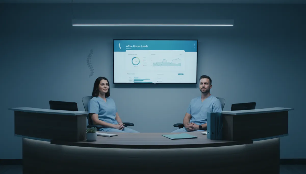 Front desk team reviewing organized after-hours chiropractic leads dashboard in cool shadow tones