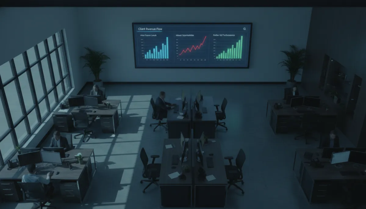 Operations office reviewing Client Revenue Flow dashboard of after-hours chiropractic performance in cool shadow tones