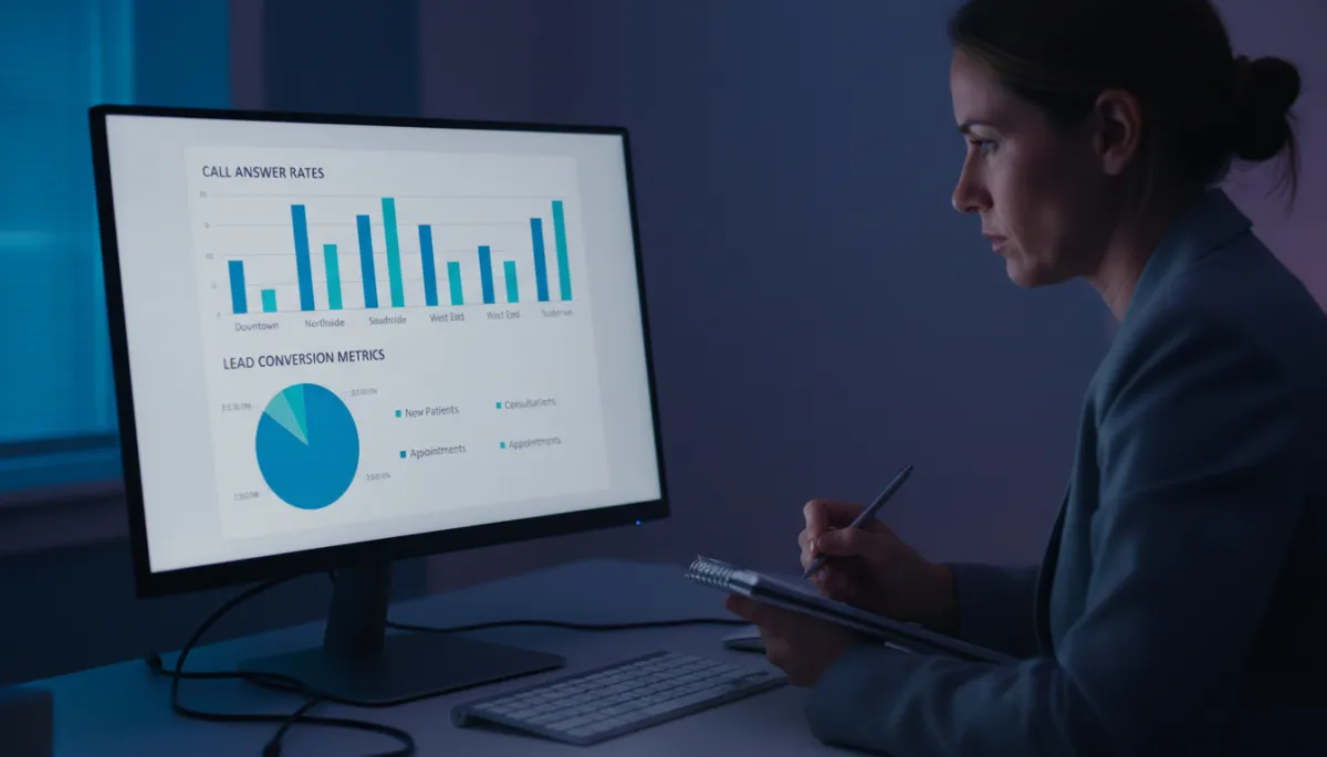 Clinic manager reviewing per-location intake and revenue leak performance metrics Clinic manager reviewing per-location intake and revenue leak performance metrics