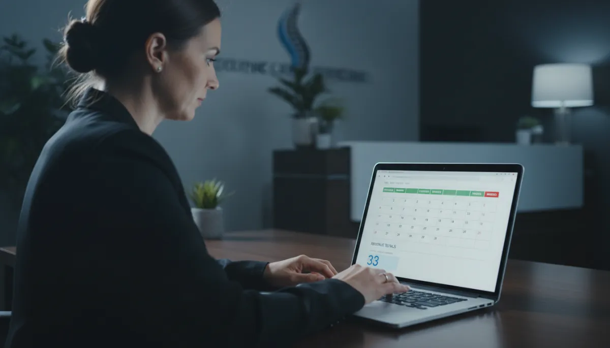 Clinic administrator monitoring appointment confirmations and revenue on a laptop dashboard