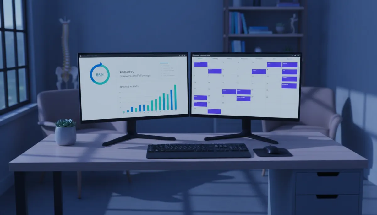 Connected system dashboard showing chiropractic intake, reminders, and revenue metrics