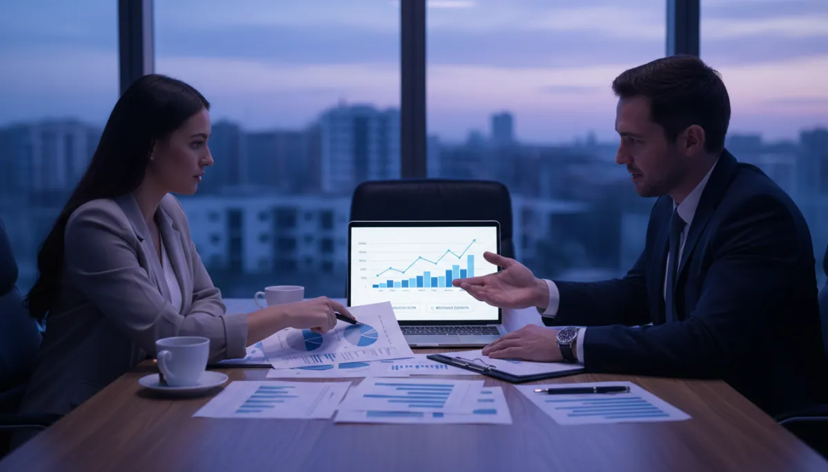 Clinic owner and agency consultant reviewing no-show and revenue performance reports