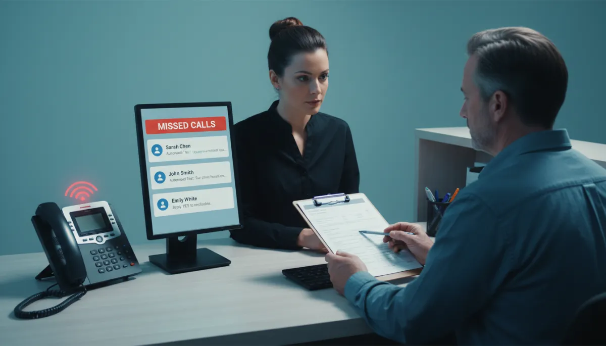 Photorealistic chiropractic front desk showing missed call alerts and automation