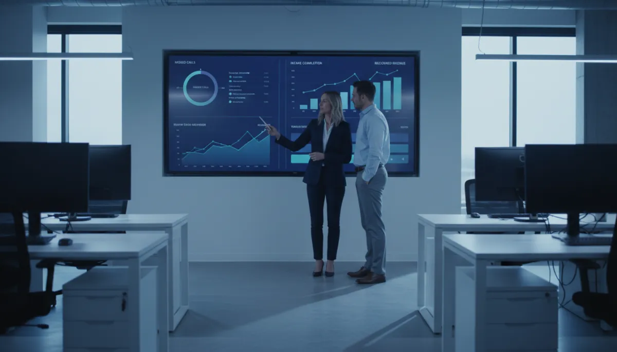 Photorealistic agency consultant and chiropractor reviewing integrated revenue dashboard