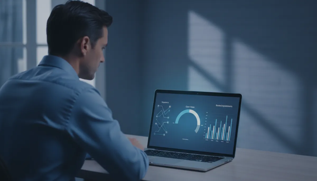 Photorealistic chiropractor reviewing AI follow-up and automation dashboard