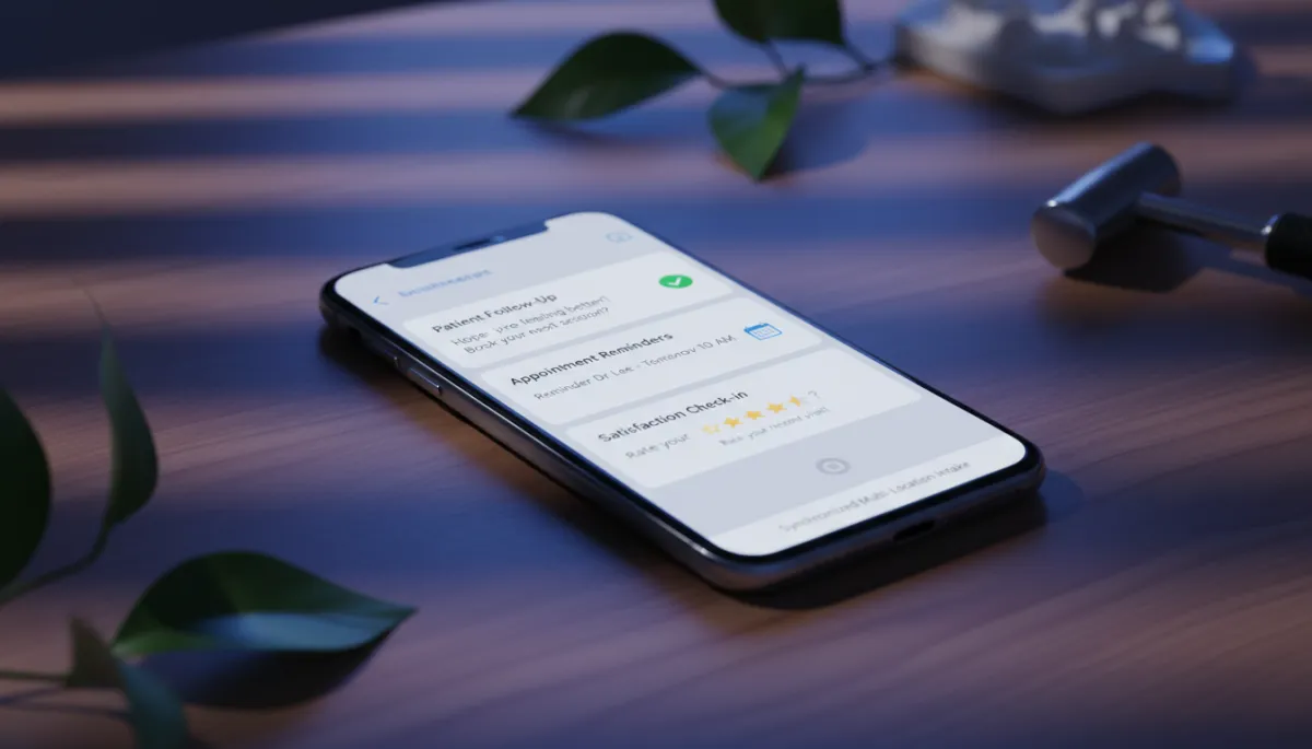 Photorealistic smartphone displaying automated chiropractic patient follow-up messages and reminders Photorealistic smartphone displaying automated chiropractic patient follow-up messages and reminders